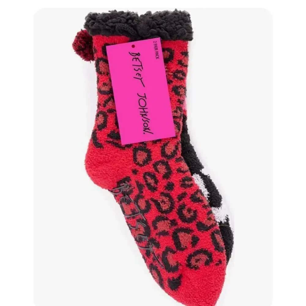 2x betsey johnson footie & calf cabin fur slipper socks nwt s/m leopard print